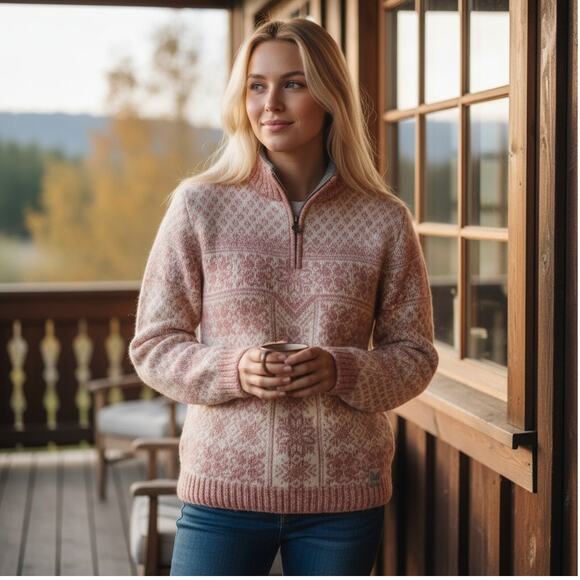 Dale of Norway Peace Knit Sweater Qtr Zip Womens Medium Pink 100% New Wool - Picture 1 of 15